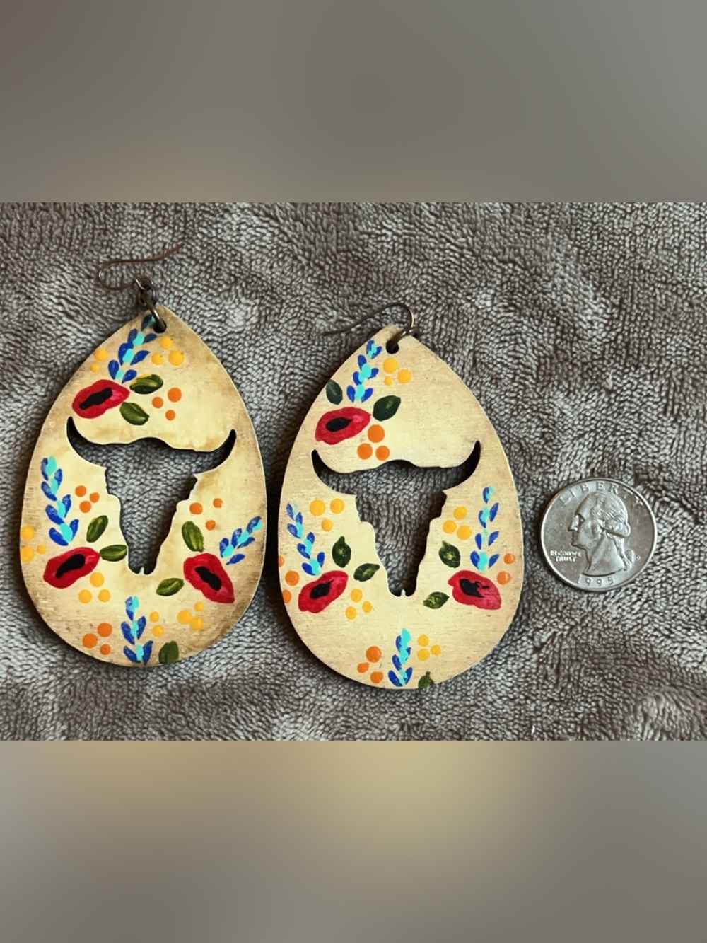 Sookie Sookie Teardrop Wood Earrings with Floral & Longhorn Cutout